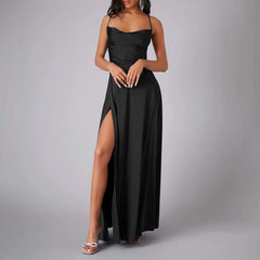 Spaghetti Straps Satin Maxi High Side Slit Backless Prom Dress
