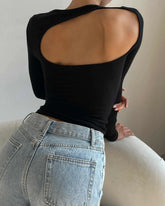 Gray Spring Fashion Hollow Out Backless Long Sleeve Round Neck T-shirt