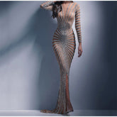 Mesh Sequins Split Fishtail V Neck Long Sleeve Maxi Dress