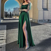 A-Line High Slit Satin Evening Formal Party Autumn Summer Sexy Bridesmaid For Wedding Dress