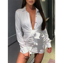 Single breasted shirt dress long sleeve white dress turn down collar wrap party dress ruched vestidos mujer