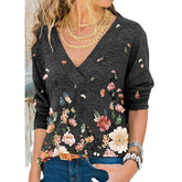 V-neck Flower Print Long-sleeved T-shirt
