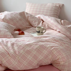 Soft Pink Plaid Cotton Bedding Set