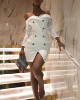 Solid Double Breasted Slit Blazer Dress