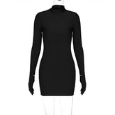 Long Sleeve Gloves Bodycon Streetwear Party Half Turtleneck Mini Dress