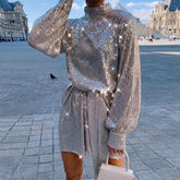 Solid Ong Sleeve Sequined Dress High Neck Casual Loose High Waist Sequins Dress Streetwear Party Dresses