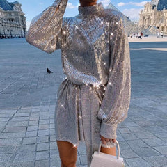 Solid Ong Sleeve Sequined Dress High Neck Casual Loose High Waist Sequins Dress Streetwear  Party Dresses