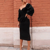 Solid Puff Sleeve Midi Dress Strapless Long Sleeve Dress