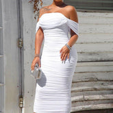 Solid White Ruched Mini Dress Off Shoulder Party Dress Elegant Office Ladies Formal Celebrate Bodycon Midi Dresses