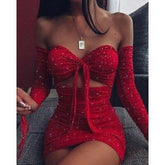 Spaghetti Strap Glitter Cami Dress Off the Shoulde Red Party Dress Summer Shining Ruched Party Dresses Vestidos