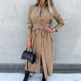 Slim Lace Up Long Sleeve Turn Down Collar Maxi Dress