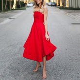 Strapless red a line midi dress off shoulder pleated dress