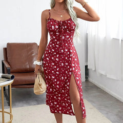 Summer Floral Print Spaghetti Strap Boho Slit Midcalf WomenBoho Dress