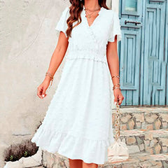 Dot Short Sleeve V Neck Summer WomenMidi Boho Dress