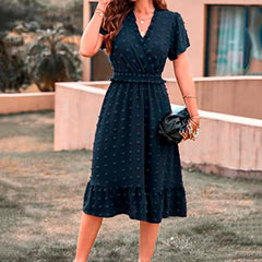 Dot Short Sleeve V Neck Summer WomenMidi Boho Dress