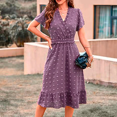 Dot Short Sleeve V Neck Summer WomenMidi Boho Dress