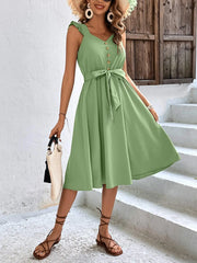Summer On Sale Clearance Sleeveless V-Neck Button Solid Sun Casual Sweet Holiday Party Beach Midi Dress