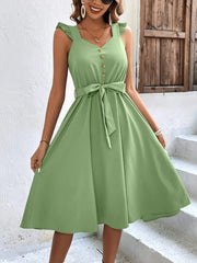 Summer On Sale Clearance Sleeveless V-Neck Button Solid Sun Casual Sweet Holiday Party Beach Midi Dress