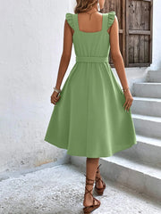 Summer On Sale Clearance Sleeveless V-Neck Button Solid Sun Casual Sweet Holiday Party Beach Midi Dress