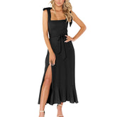 Solid Color Square Collar Bandage High Split Ruffles Hem Formal Commute Dress