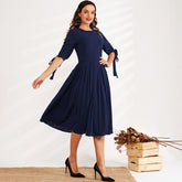 Summer New Fashion WomenDress Waist Solid Color Round Leader Hollow Pearl Bow Decoration Ol Sweet All-match Dress