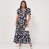 Summer New Fashion WomenRetro Long Waist Fishtail Slim-fit V-neck Lantern Sleeves Banquet Floral Sweet Dress