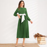 Summer New Fashion WomenRound Neck Polka Dot Waist Slimming Belt Long Pleated Lantern Sleeve Sweet and Versatile Dress