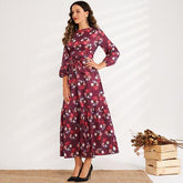 Sweet Long-sleeved Floral High-waisted Elastic Waist Long A-line Belted Romantic Dress