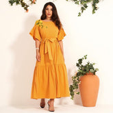 WomenFashion Jacquard Embroidery Trumpet Sleeve Bow Tie Belt Was Thin and Waisted All-match Long Dress