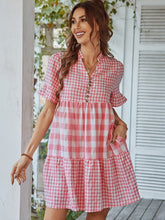 Plaid Short Sleeve Loose Ruffle Stitching Beach Dress