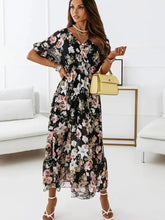 Summer Chiffon Floral Deep V Neck Big Hem Beach Party White Casual Fashion Ruffle Long Midi Dress
