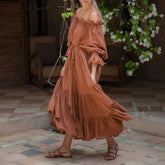 FashionSierra-100% Cotton Vintage Off Shoulder Long For Robe Casual Lace Up Loose Summer Solid Ruffles Vestidos Boho Dress