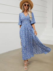 FashionSierra-Beach Half Puff Sleeve Maxi Robe Vintage Rayon Cotton Floral Print Long Summer Ladies Boho Dress