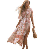FashionSierra-Floral Printed Cover-Ups Casual Deep V Neck Elastic Waist Short Sleeve Summer Long Beach Boho Dress