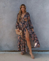 FashionSierra-Long Sleeve Loose Vintage Floral Print Summer Beach Wear High Waist Backless Vestidos Boho Dress