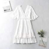 FashionSierra-White Lace Mini For Robe Deep V Short Ruffles Sleeve Summer Party Casual Beach Vestidos Boho Dress
