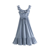 FashionSierra-Butterfly Sleeve Blue Plaid For Vintage Cotton Rayon Summer Long Party Ladies Vestidos Boho Dress