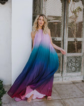 FashionSierra-Elegant  Party  Chiffon  Rainbow Floral Print  Maxi    Backless  Halter  Long  Summer  Beach  Robe Boho Dress