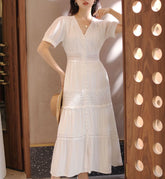 FashionSierra-Lantern Sleeve  Cotton  Splice Lace  Long  Vintage  White  V-neck  Autumn  Holiday Boho Dress