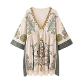 FashionSierra-Linen Cotton  Floral Embroidery  Vintage  O Neck  Loose  A-line  Short  Summer Beach Boho Dress