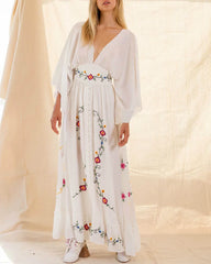 FashionSierra-Long Sleeve Deep V-neck Maxi Vintage Rayon Embroidered White Autumn Vestidos Casual Long Robe Boho Dress