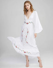 FashionSierra-Long Sleeve Deep V-neck Maxi Vintage Rayon Embroidered White Autumn Vestidos Casual Long Robe Boho Dress