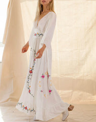 FashionSierra-Long Sleeve Deep V-neck Maxi Vintage Rayon Embroidered White Autumn Vestidos Casual Long Robe Boho Dress