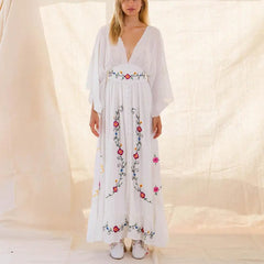 FashionSierra-Long Sleeve Deep V-neck Maxi Vintage Rayon Embroidered White Autumn Vestidos Casual Long Robe Boho Dress