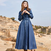FashionSierra-Long Sleeve  Denim  Casual  Ruffles  O-neck  Floral Embroidery  Maxi  Vintage  Summer Boho Dress