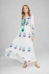 FashionSierra-Long Sleeve  Ethnic  Tunic  Maxi  Vintage  White  Cotton  Floral Embroidery  Loose  Autumn Boho Dress