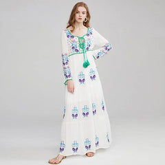 FashionSierra-Long Sleeve  Ethnic  Tunic  Maxi  Vintage  White  Cotton  Floral Embroidery  Loose  Autumn Boho Dress