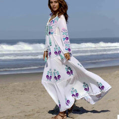 FashionSierra-Long Sleeve  Ethnic  Tunic  Maxi  Vintage  White  Cotton  Floral Embroidery  Loose  Autumn Boho Dress