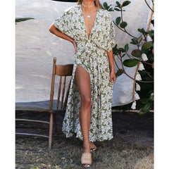 FashionSierra-Deep V Neck Maxi Vestidos Vintage Floral Print Side Split Summer Beach Casual Boho Dress