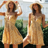 FashionSierra-Deep V Neck Sleeveless Mini Beach Yellow Cotton Floral Print Summer Backless Play Boho Dress